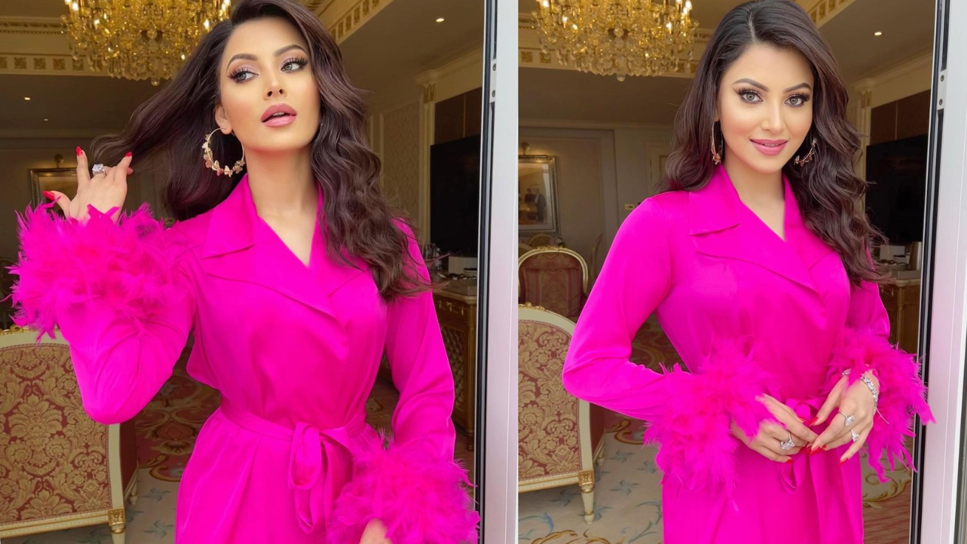 Urvashi Rautela Radiates Charm in Elegant Silk Feather Fuchsia Pink Dress, that will make you drool over her candid clicks