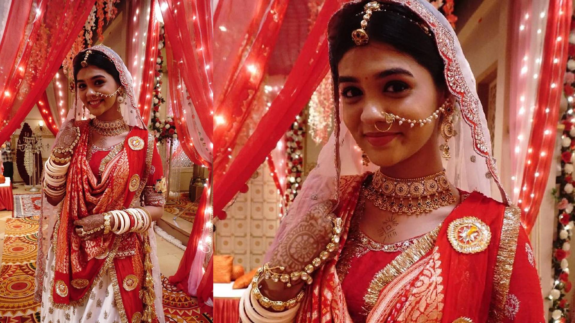 Pranali Rathod rocks wedding fashion by donning a red and white bridal lehenga on COLORS’ ‘Durga – Ek Atoot Prem Kahani’