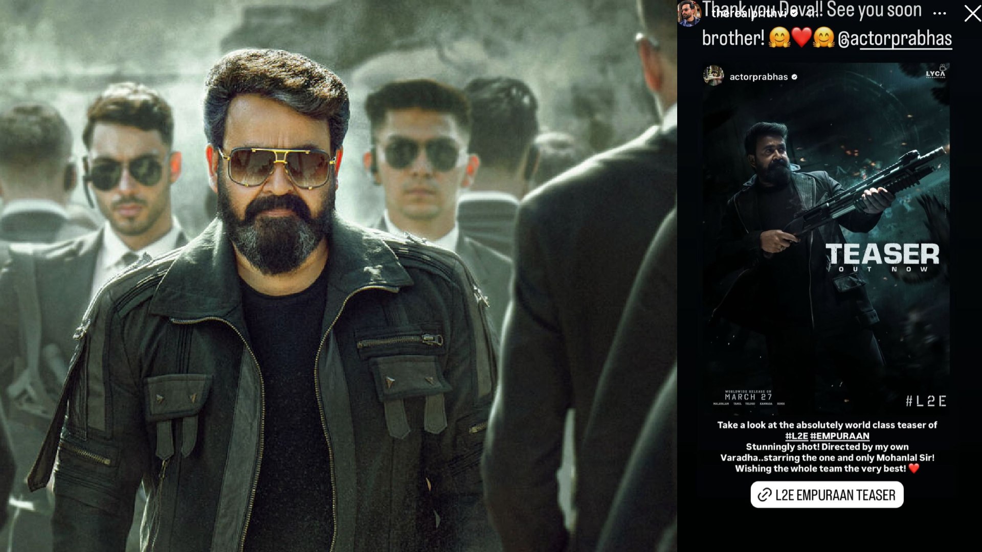 Prithviraj Sukumaran’s Salaar costar Prabhas admires the L2: Empuraan teaser, says “Take a look at the absolutely world-class teaser of #L2 #EMPURAAN”