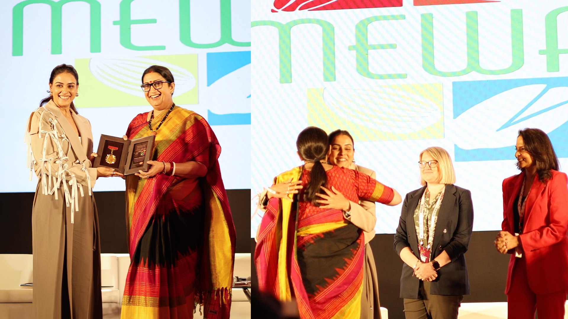 Genelia Deshmukh gets felicitated by Smiriti Irani at MEWA India 2025 for Imagine Foods