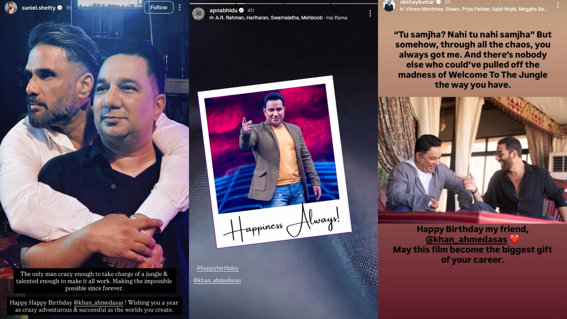 Akshay Kumar,Suniel Shetty and Jackie Shroff pens a heartfelt birthday note for Director Ahmed Khan, celebrating their bond beyond films